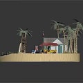 Tropical Garden Landscape With Palm Trees Beach Cabin Wooden Dock Benches And Surfboard