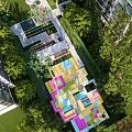 Colorful Children's Play Area In Community With Green Lawns Trees And Playground Equipment