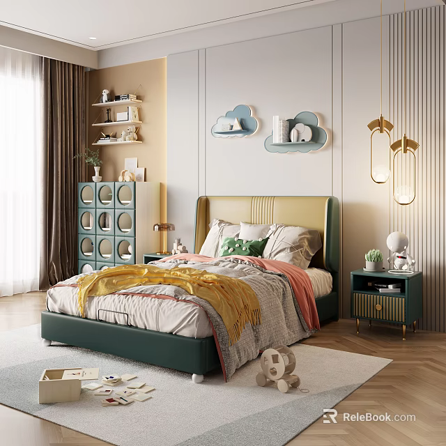 Cozy Modern Kids Bedroom With Cloud Decor And Toys 3d model 