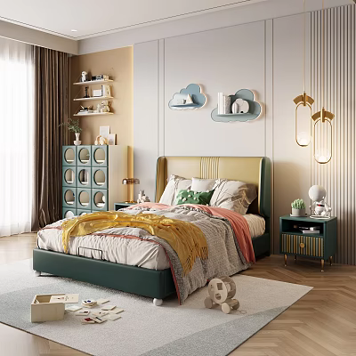 Cozy Modern Kids Bedroom With Cloud Decor And Toys 3d model
