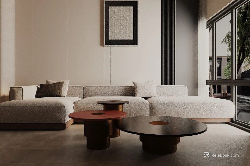Modern Beige Three-Seater Sofa Living Room with Round Coffee Tables Large Windows and Natural Light 3d model 