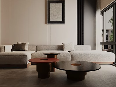 Modern Beige Three-Seater Sofa Living Room with Round Coffee Tables Large Windows and Natural Light 3d model
