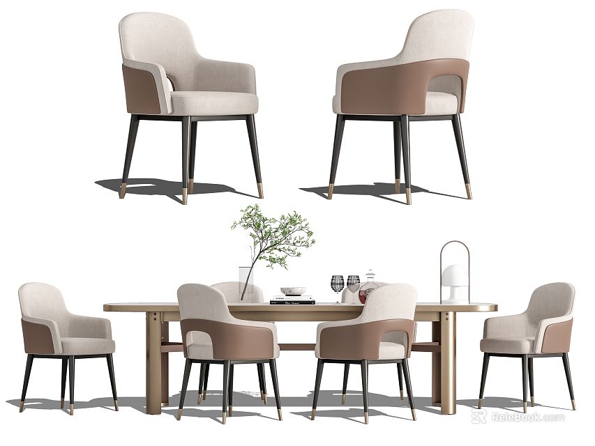 Modern Wooden Dining Table Set with Beige Brown Chairs and Tabletop Plant Decor 3d model 