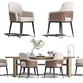 Modern Wooden Dining Table Set with Beige Brown Chairs and Tabletop Plant Decor