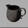 Vintage Silver Textured Pitcher With Curved Handle And Black Rim Household Item