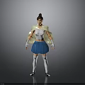 Woman in white top blue skirt white socks black shoes with bun hairstyle light cape