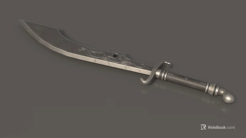 Silver Gray Scimitar Weapon With Carved Blade And Metal Hilt Design 3d model 