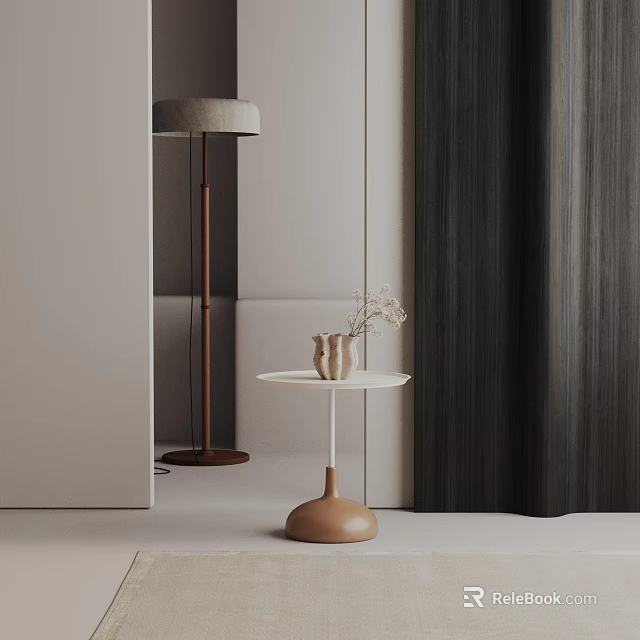 White Round Side Table With Brown Base And Vase Of Dried Flowers In Modern Room 3d model 