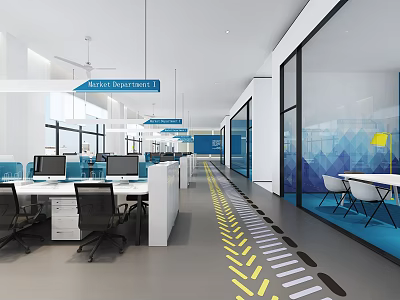 Bright Modern Public Office Space With Open Workstations Glass Partitions And Yellow Floor Lines 3d model