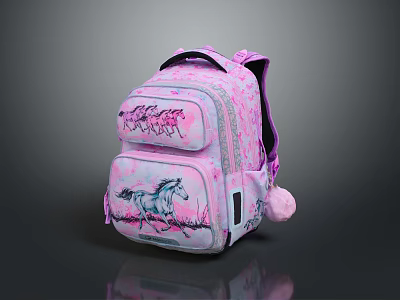 Pink Backpack With Horse Pattern Rock N Roll Text And Pom Pom For Daily Use 3d model