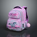 Pink Backpack With Horse Pattern Rock N Roll Text And Pom Pom For Daily Use