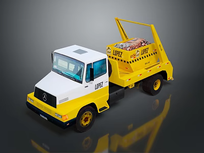 Yellow And White Mercedes Functional Garbage Truck With Open Bed And Waste 3d model