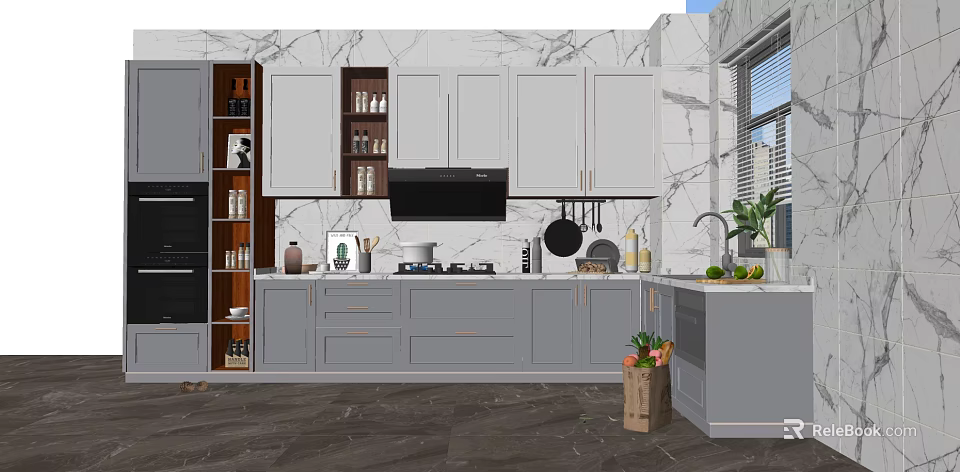 Modern Kitchen Interior With Gray Cabinets Marble Backsplash Countertop And Appliances 3d model