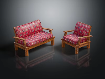 Traditional Sofa Set With Wooden Frame And Red Geometric Patterned Cushions For Living Room 3d model