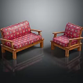 Traditional Sofa Set With Wooden Frame And Red Geometric Patterned Cushions For Living Room