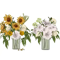 Decorative Striped Vase With Sunflowers Yellow Pink White Flowers And Green Leaves