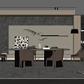 Modern Restaurant Interior Featuring Black Rock Wall Dining Table Chairs Green Plant Gray Rug Staircase