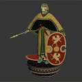 Ancient Warrior In Yellow Polka Dot Robe Holding Spear And Shield With Creature Motifs