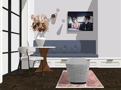 Blue Sectional Sofa With White Table Flower Vase Wall Painting Gray Ottoman And Pink Rug 3d model