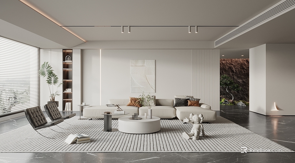 Modern Minimalist Living Room Interior With White Sofa Round Coffee Table Rug And Green Plants 3d model 