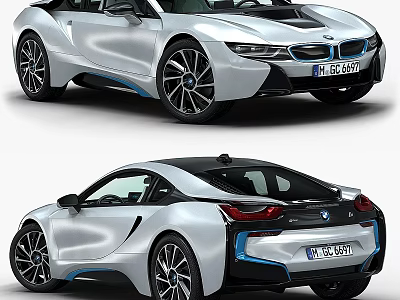 Silver BMW i8 Sports Car Front And Rear Views 3d model