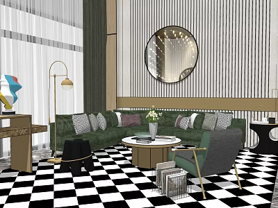 Green Sofa With Multiple Cushions And Round Coffee Table Set In Checkered Floor Living Room 3d model