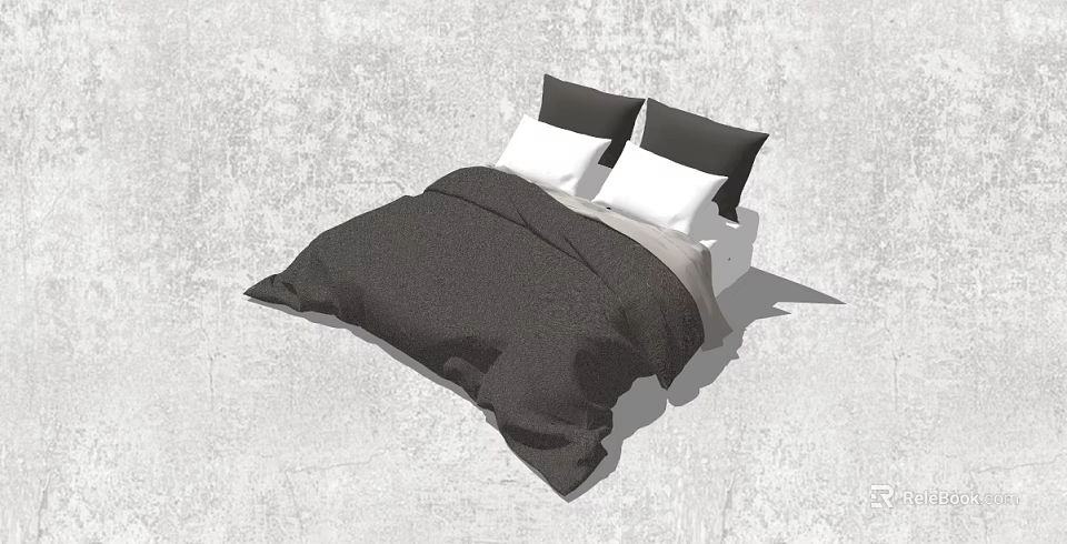 Modern Double Bed Featuring Black Comforter And Black White Pillows On Gray Wall Background 3d model 
