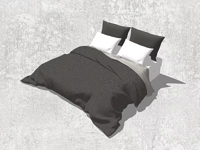 Modern Double Bed Featuring Black Comforter And Black White Pillows On Gray Wall Background 3d model