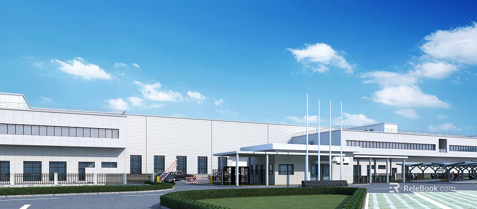Modern Industrial Factory Building With White Exterior Large Windows Front Lawn And Entrance Area 3d model 