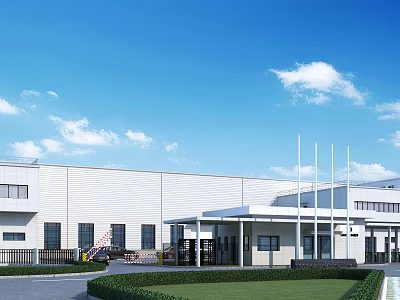 Modern Industrial Factory Building With White Exterior Large Windows Front Lawn And Entrance Area 3d model
