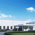 Modern Industrial Factory Building With White Exterior Large Windows Front Lawn And Entrance Area