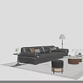 Stylish Leather Sofa And Coffee Table Set With Pillows Floor Lamp Ottoman And Plant