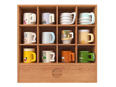 Various Colored Patterned Cups Arranged In Wooden Storage Cabinet With Shelves And Drawer 3d model