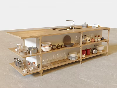 Open Wooden Kitchen Cabinets With Sink Faucet And Various Dishes Bowls Plates 3d model