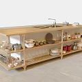 Open Wooden Kitchen Cabinets With Sink Faucet And Various Dishes Bowls Plates