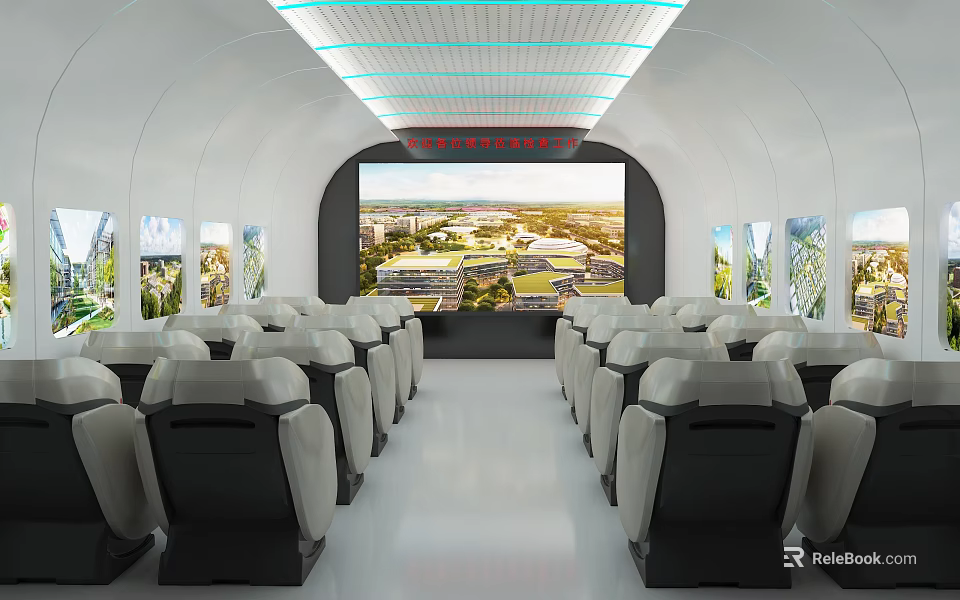 Modern White Interior Hall With Ceiling Lights Large Screen Seats And Window Views 3d model