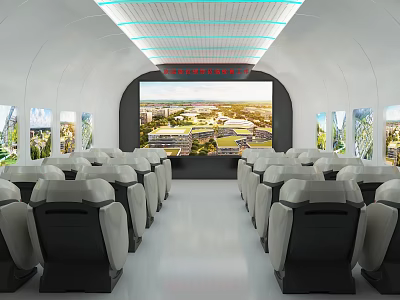 Modern White Interior Hall With Ceiling Lights Large Screen Seats And Window Views 3d model