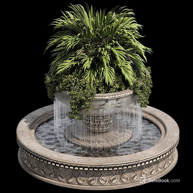 Garden Ornament Fountain With Decorative Stone Base Green Plants And Flowing Water 3d model 