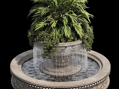 Garden Ornament Fountain With Decorative Stone Base Green Plants And Flowing Water 3d model