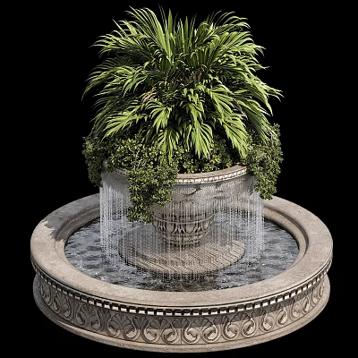 Garden Ornament Fountain With Decorative Stone Base Green Plants And Flowing Water 3d model