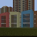 Colorful Modern School Building With Large Glass Windows Green Trees And Open Playground Area