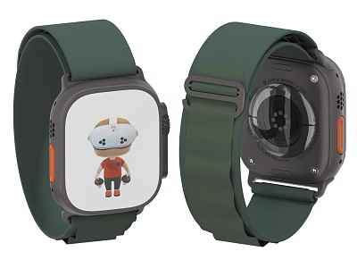 Square Dial Watch With Green Strap Cartoon Character And Transparent Back Showing Internal Mechanism 3d model