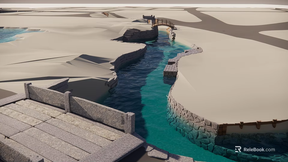 Stone Bridge Over Turquoise Stream With Stone Pathway Railings And Sandy Surroundings 3d model 