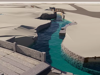 Stone Bridge Over Turquoise Stream With Stone Pathway Railings And Sandy Surroundings 3d model