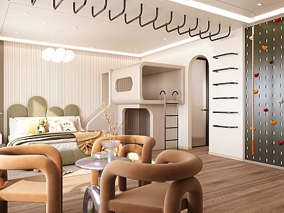Modern Hotel Guest Room Featuring Comfortable Bed Climbing Wall Cozy Chairs And Wooden Flooring 3d model