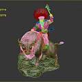 Game Movie Character With Feathered Headdress Riding Buffalo Holding Axe On Rock Base