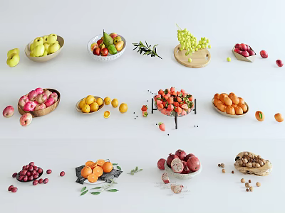 Assorted Fresh Fruits with Green Herbs in Bowls and Scattered on White Surface 3d model