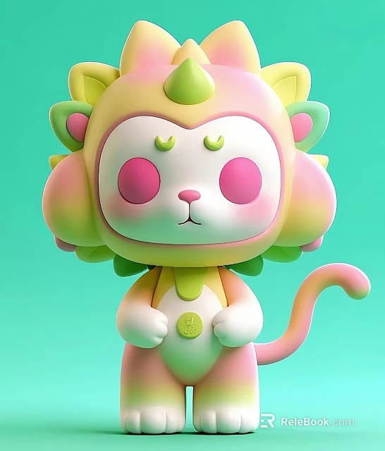 Cute Cartoon Decorative Ornament Set With Pink Green Gradient Ears Tail And White Face 3d model 