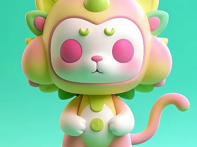 Cute Cartoon Decorative Ornament Set With Pink Green Gradient Ears Tail And White Face 3d model