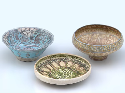 Ornate Ceramic Bowls and Plates with Colorful Patterns and Artistic Designs 3d model